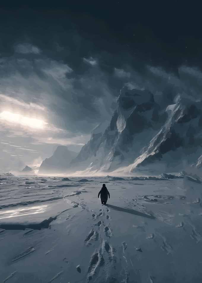 Lone Penguin in Snowy Landscape