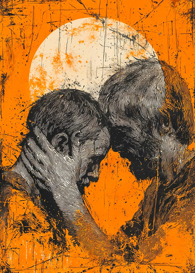 Men Embracing Orange Moon Illustration