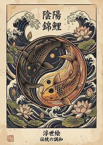 Yin Yang Koi Fish and Waves