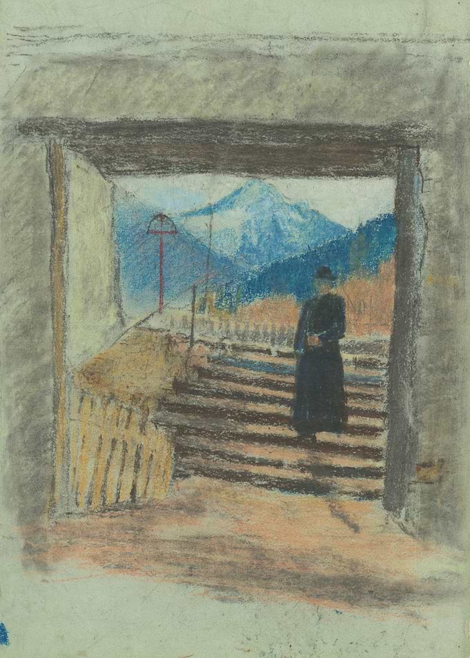 Priest in front of mountain landscape