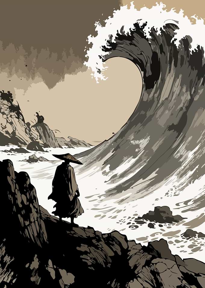 Samurai Facing Giant Wave
