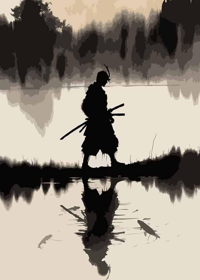 Samurai reflection in water with fish