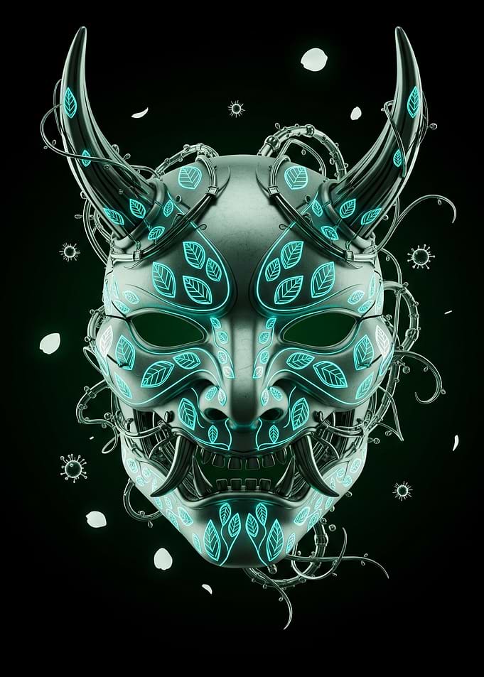 Cyberpunk Oni Mask with Neon Leaves