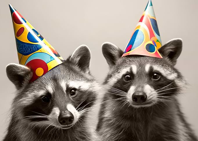 Two Raccoons Wearing Party Hats