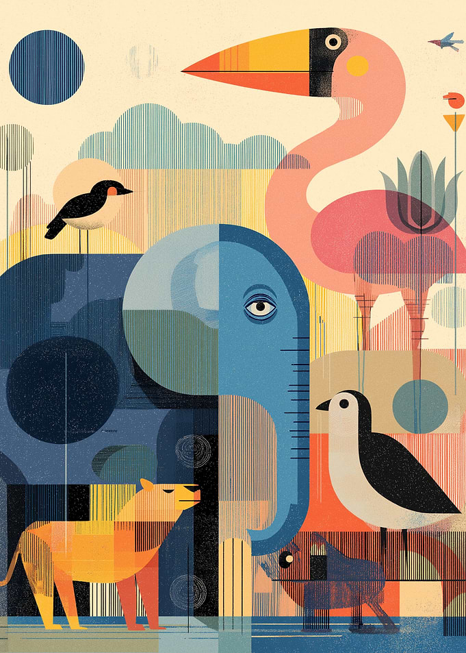 Stylized Animals in Abstract Landscape