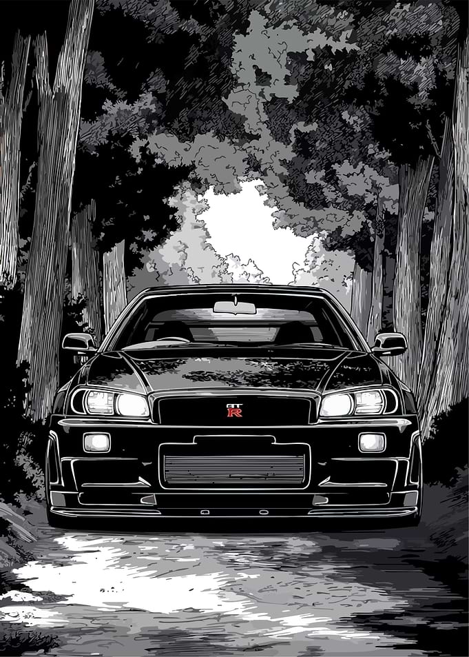 Black Nissan Skyline GT-R R34 in Forest