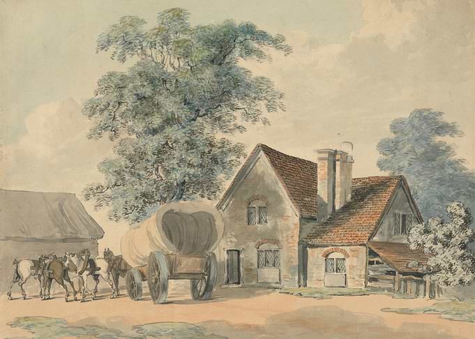 Horse-drawn wagon and cottage