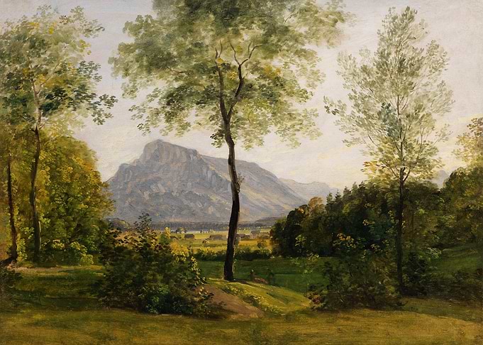 Mountain Landscape with Trees and Deer