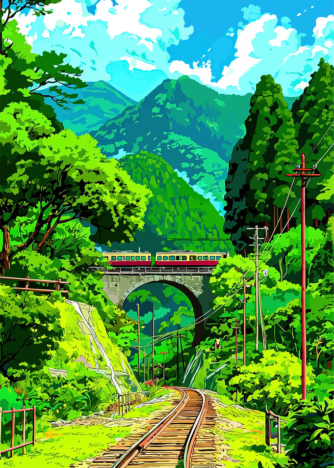 Train crossing a bridge in a lush landscape