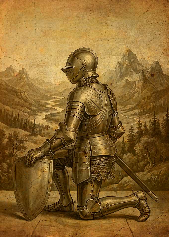 Knight Kneeling in Mountain Landscape