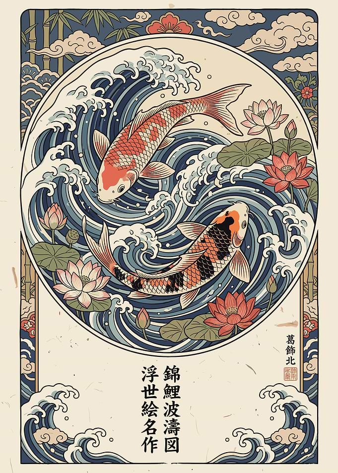 Koi Fish in Waves and Lotuses
