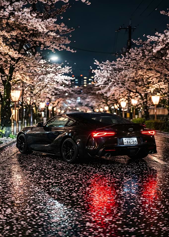 Black Toyota Supra under Cherry Blossoms at Night