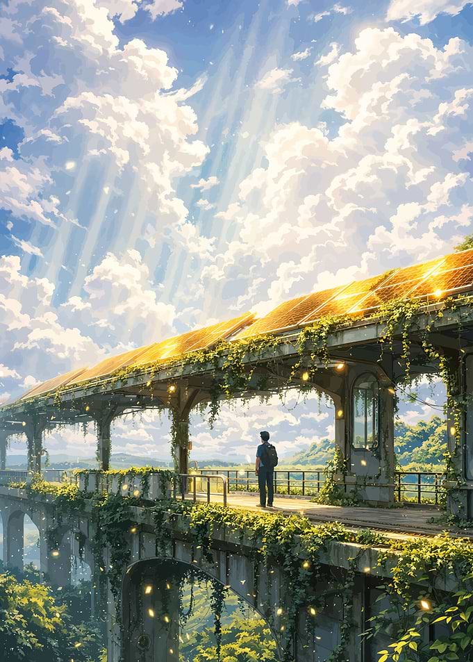 Boy on overgrown bridge with solar panels