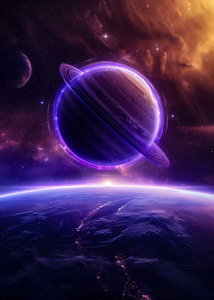 Cosmic Planet with Rings and Earth View