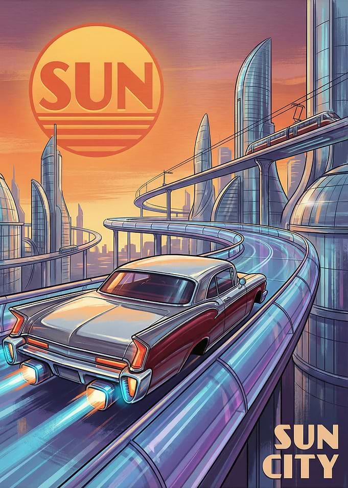 Retro Futuristic Cityscape with Car