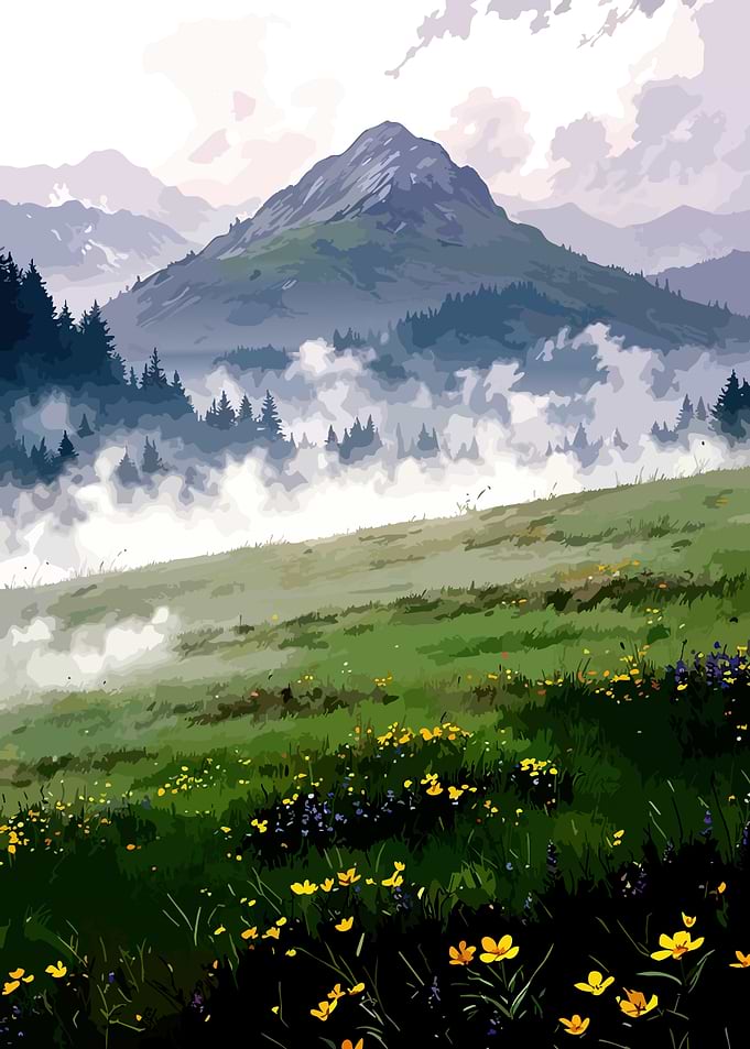 Misty Mountain Meadow with Wildflowers