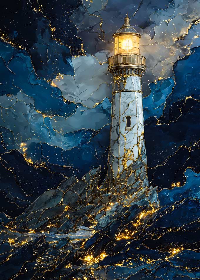 Lighthouse Night Sea Gold Kintsugi