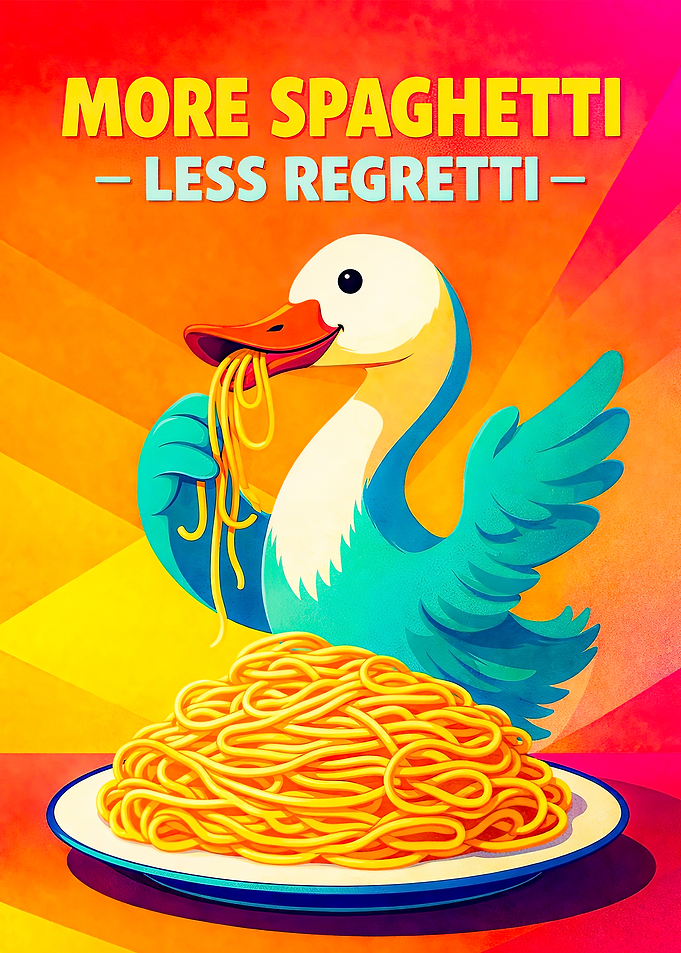 Duck eating spaghetti