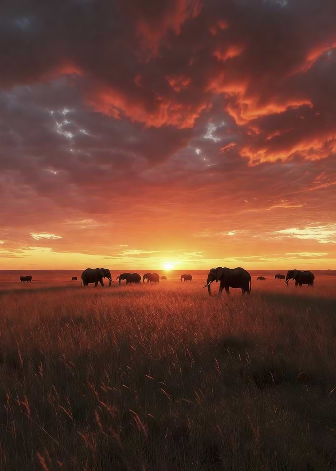 Elephants at Sunset in African Savannah