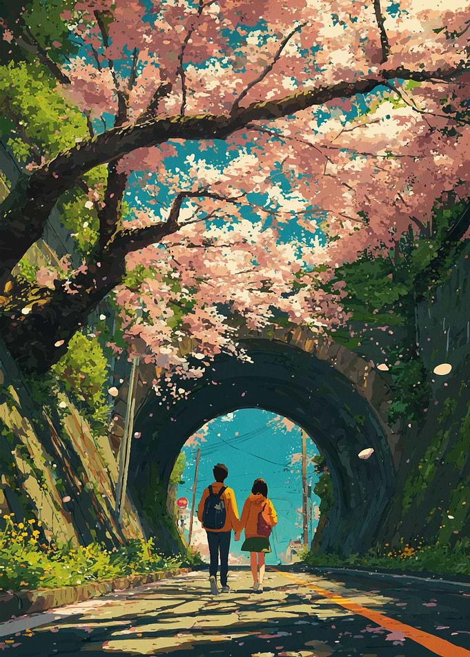 Couple walking under cherry blossoms