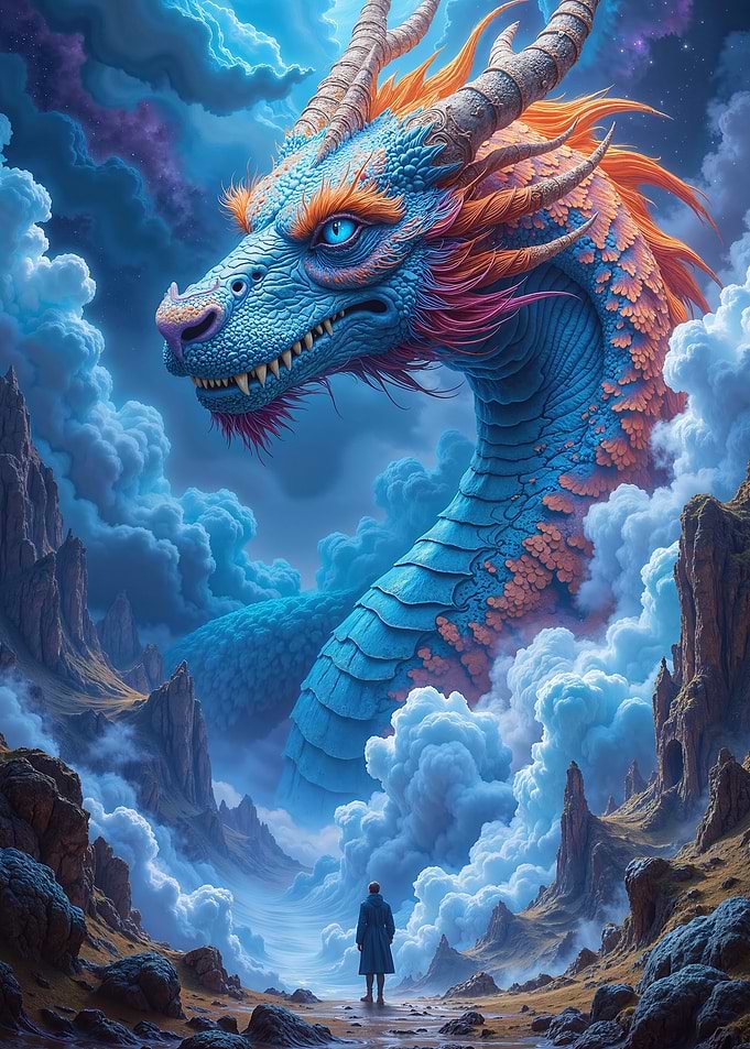 Majestic Fantasy Dragon Overlooking a Human