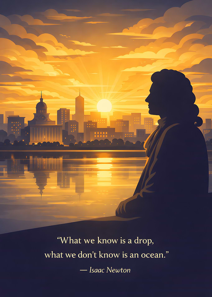 Isaac Newton quote at sunset cityscape