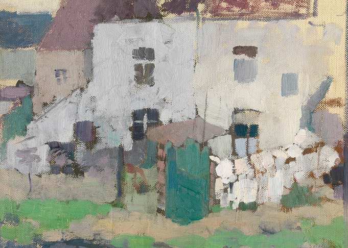 Impressionist painting of a rural courtyard