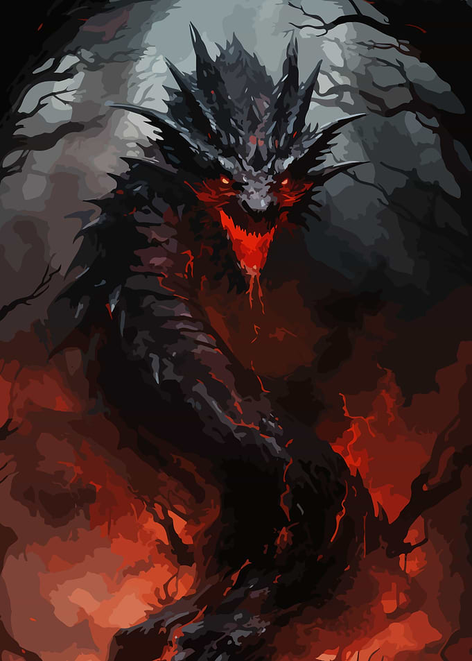 Fiery Black Dragon in Dark Forest
