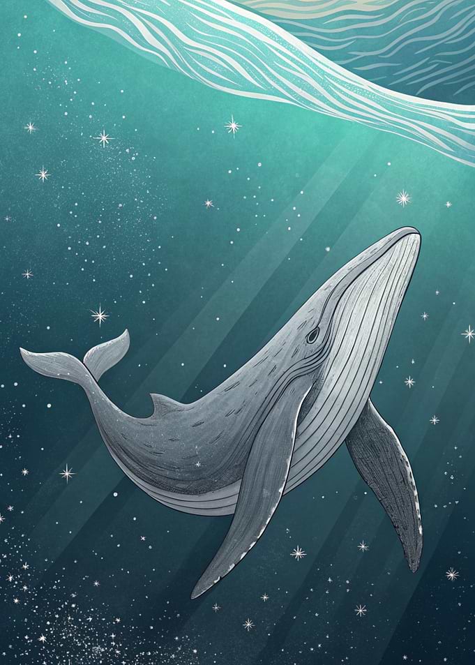 Whale swimming in starry ocean