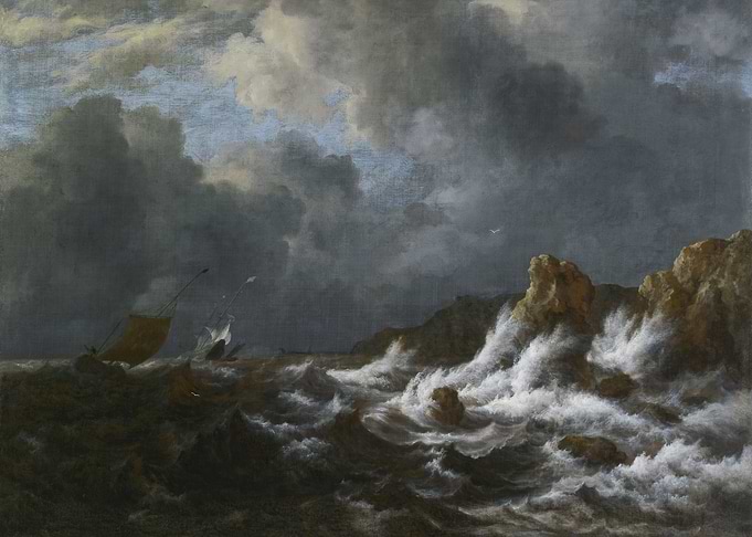 Stormy Seas with Ships and Rocky Coastline