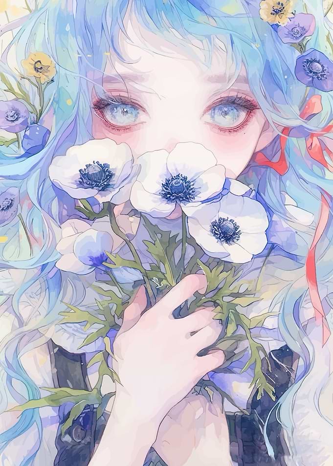 Anime Girl with Blue Hair and Flowers