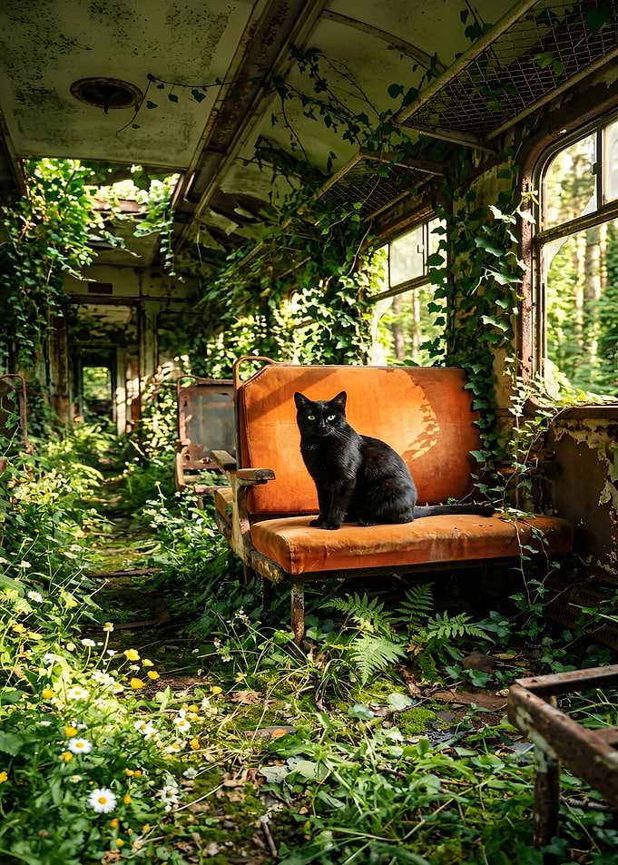 Black cat in abandoned train carriage