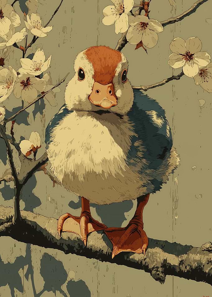 Cute Duckling on a Branch with Cherry Blossom
