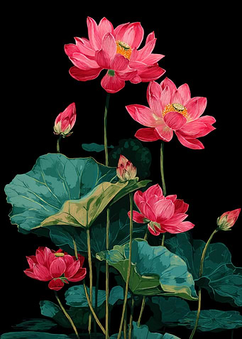 Pink Lotus Flowers and Leaves