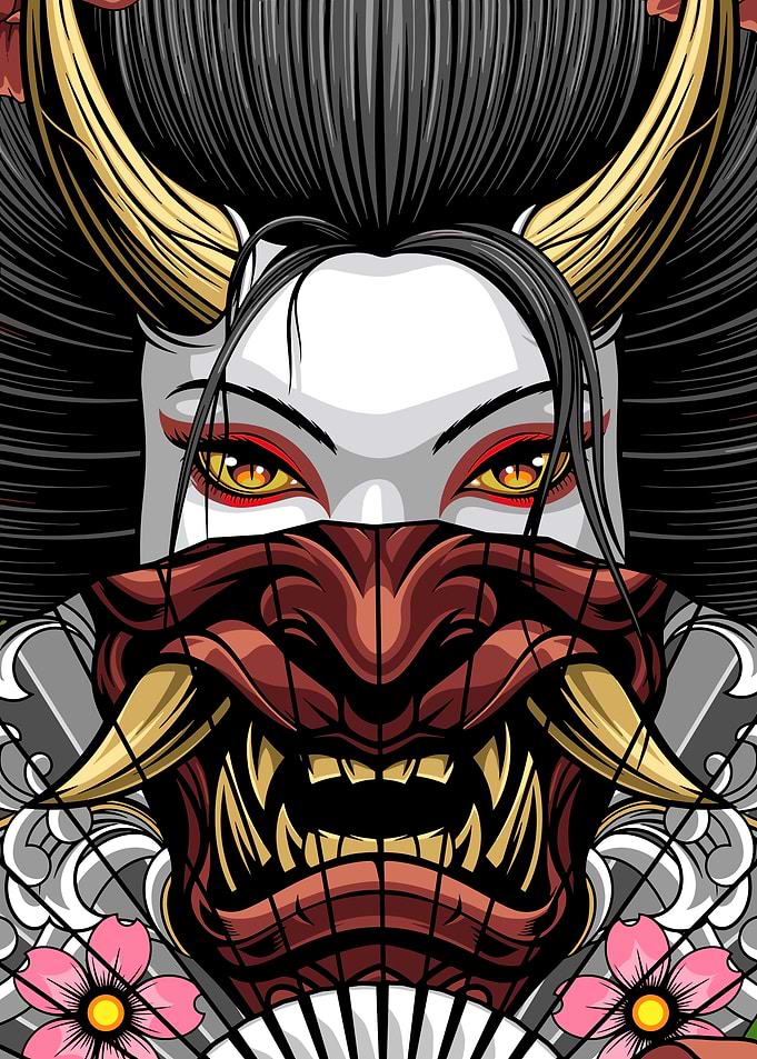 Geisha with Oni Mask and Cherry Blossoms