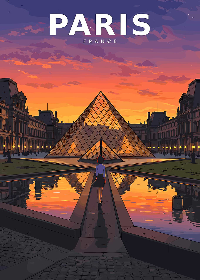 Paris Louvre Pyramid at Sunset