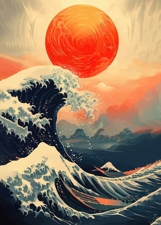 Great Wave with Red Sun and Mount Fuji