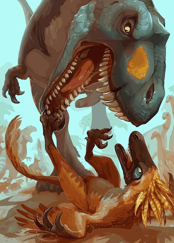 Dinosaurs in a prehistoric battle