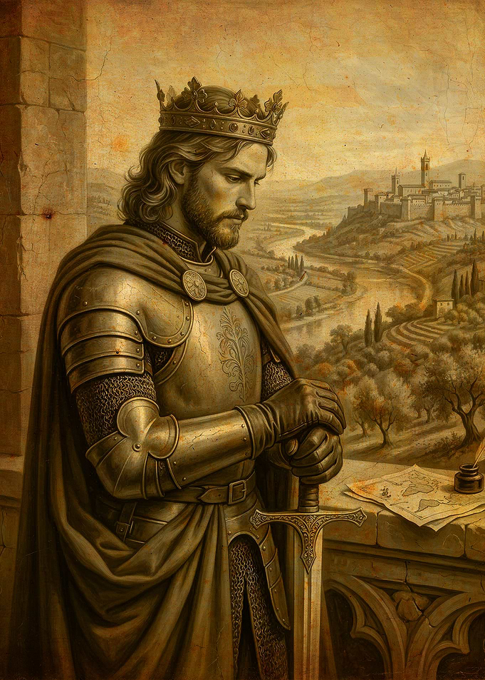King in Armor Overlooking a City