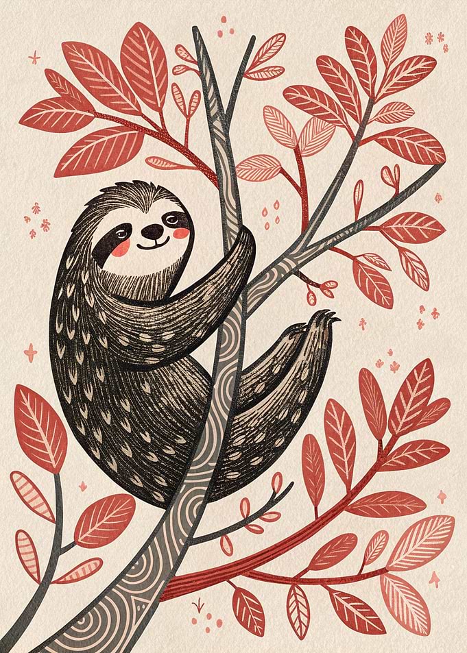 Cute Sloth Hanging on a Tree Branch