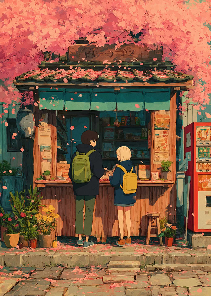 Anime couple at a cherry blossom stand