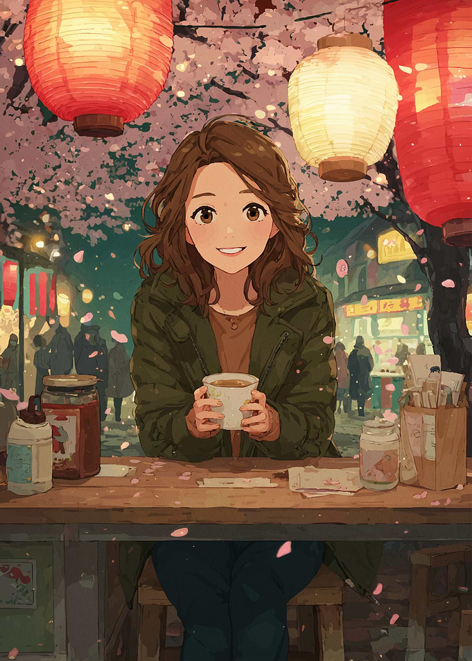 Anime girl enjoying tea under cherry blossoms
