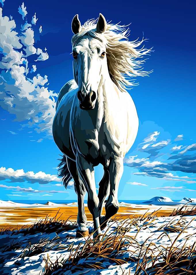 Majestic White Horse Running in a Field