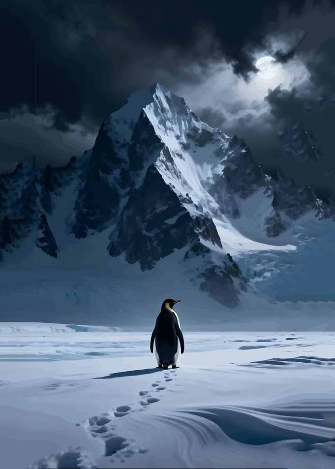 Penguin in Snowy Mountains