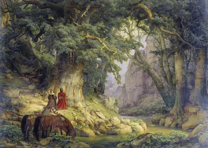 Medieval figures by a forest stream