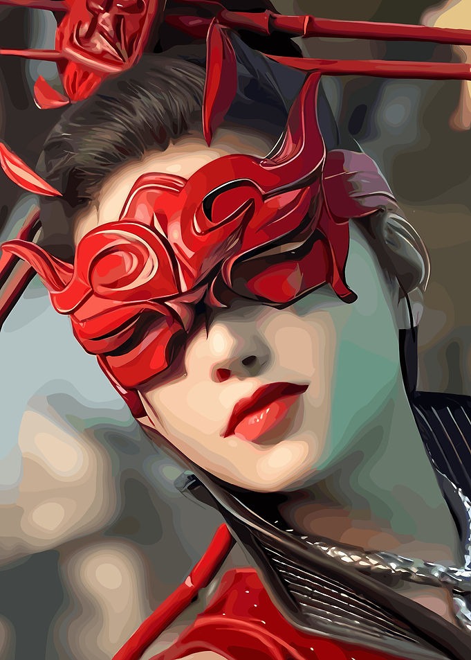 Woman in Red Mask and Ornate Headdress