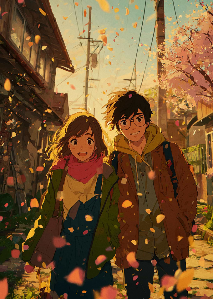 Couple walking in cherry blossom petals
