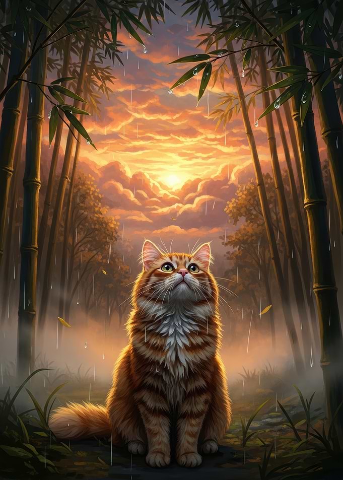 Cat in Bamboo Forest at Sunset