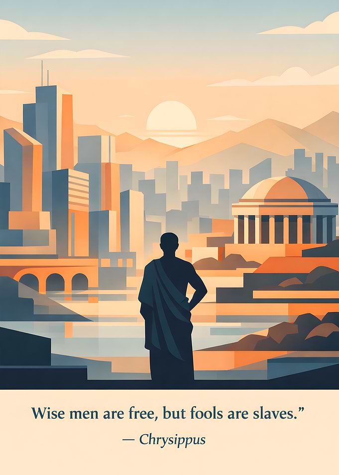 Philosopher overlooking a city at sunset