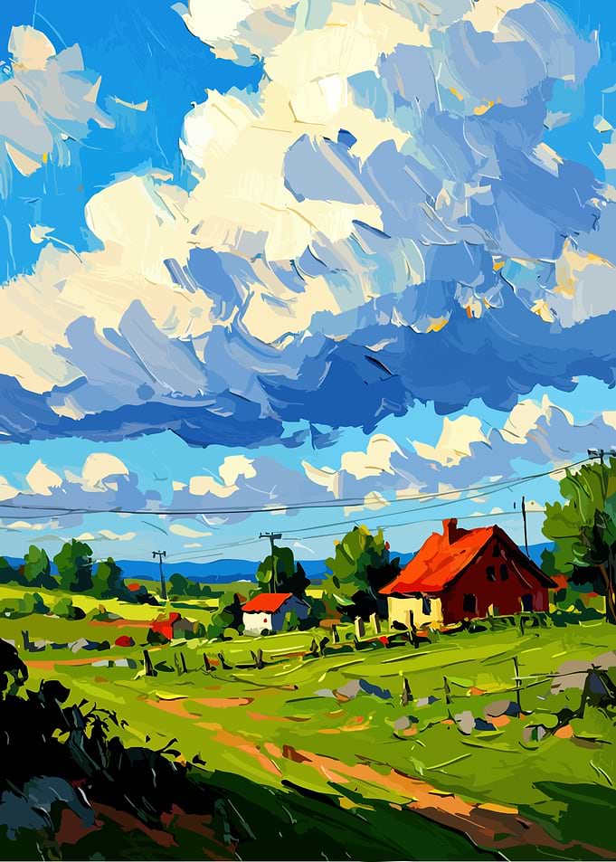 Impressionistic Landscape with Red Barn
